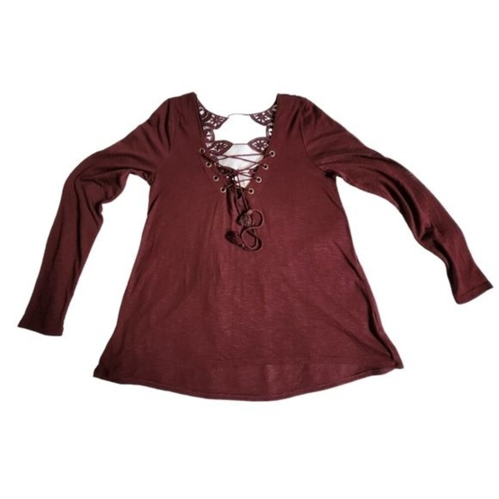 Alter'd State Women's Wine V-Neck Long Sleeve Lace-Up Tassel Tie Top Size M